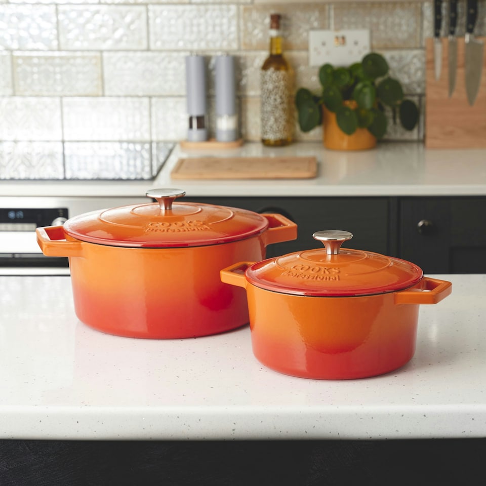 image 1 of Cooks Professional Cast Iron Casserole Set of 2 | 20cm and 26cm | Enamelled Inside and Out | Graduated Orange