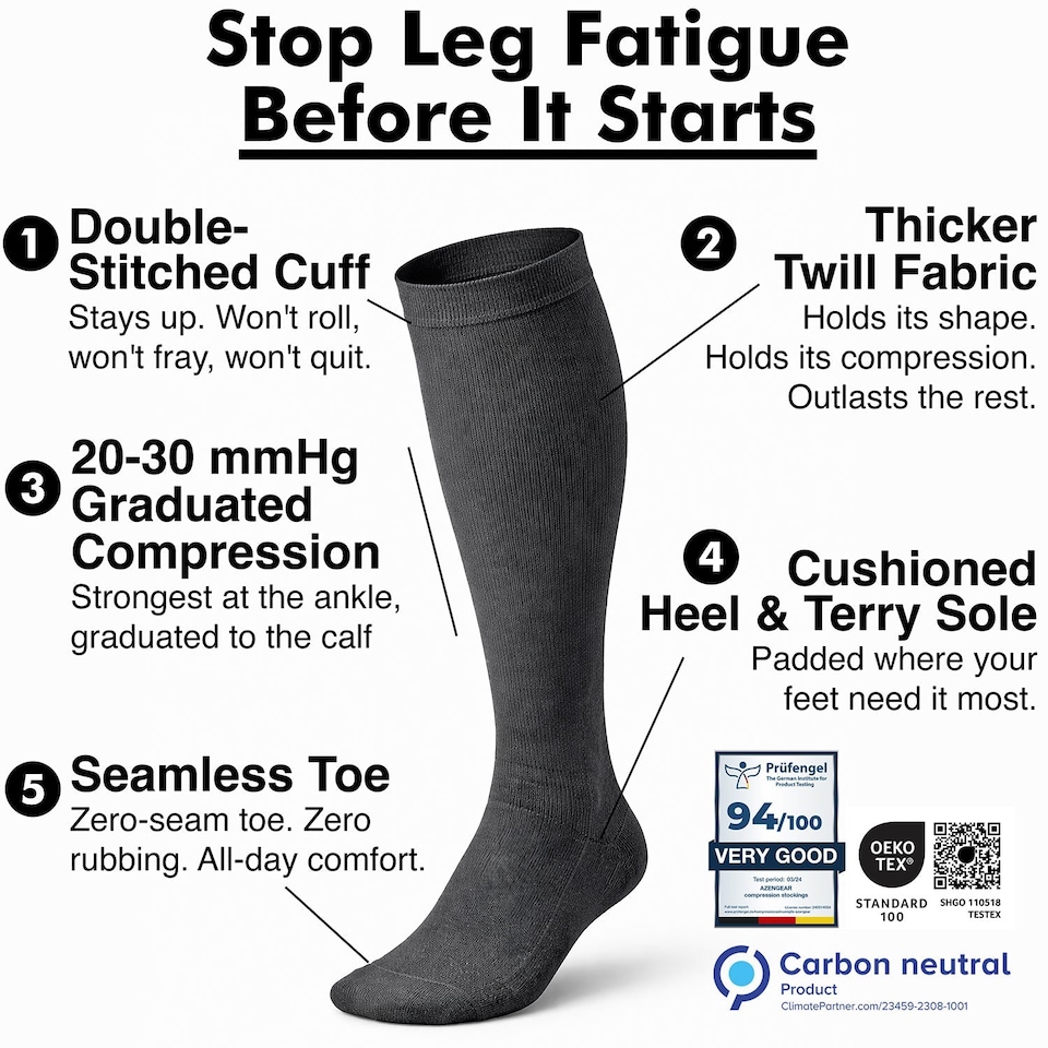 image 1 of aZengear Compression Socks for Women & Men (20-30 mmHg) Knee-High Flight Socks, Calf Support for Travel, Running - Seamless Toe, Padded Heel and Sole