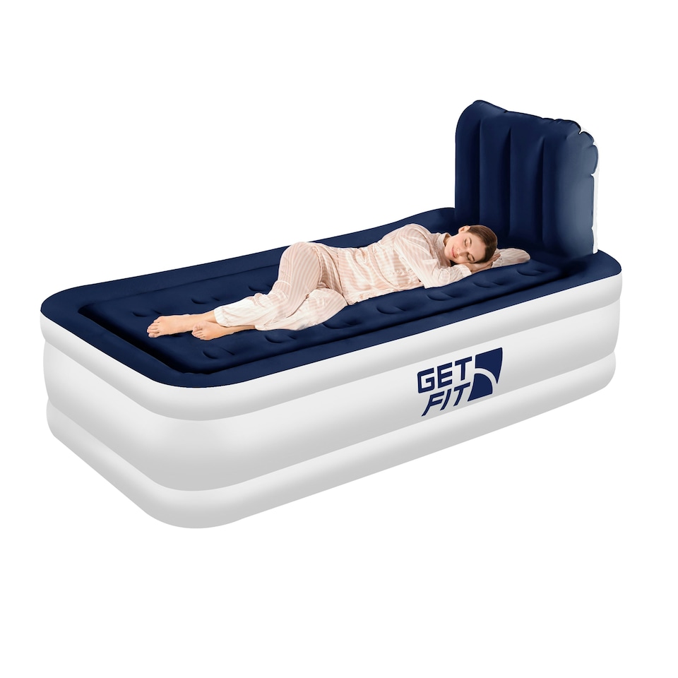 image 1 of Get Fit Air Bed With Built In Electric Pump - Premium Single Airbed - Quick Blow Up Bed With Headboard & Inflatable Pillow - Elevated Air Mattress- White/ Navy