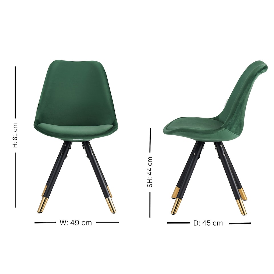 image 1 of Set of 4 Sofia Ergonomic Modern Dining Chairs Upholstered in Velvet, Metal Legs with Gold End Tips | Green