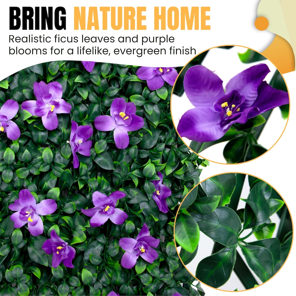 image 1 of Expanding Trellis With Artificial Leaves and Flowers - Ficus Leaf Garden Hedge Balcony Privacy Screening Panel | Green | Green & Purple | M | 1