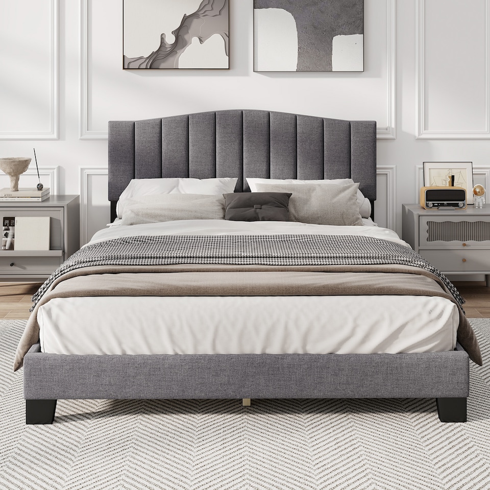 image 1 of COSTWAY Double Upholstered Bed Frame with Headboard Grey