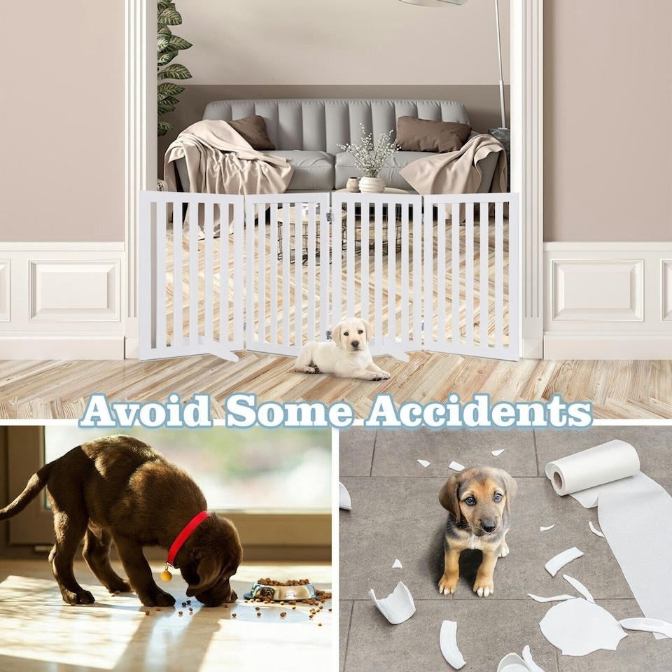image 1 of COSTWAY 4-Panel 89 cm Pet Barrier Wooden Freestanding White