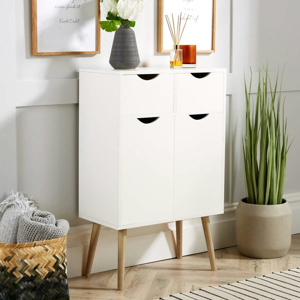 image 1 of Sideboard Storage Cabinet With Drawers Cupboard Solid Wood Legs White | 2 Door 2 Drawers
