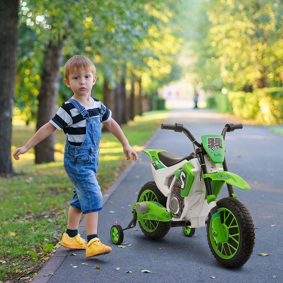 image 1 of HOMCOM 12V Kids Electric Motorbike Ride-On Motorcycle w/ Training Wheels - Green