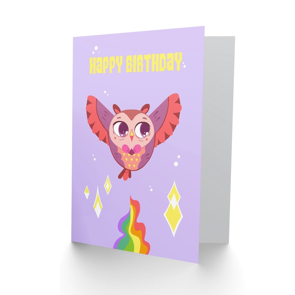 image 1 of Kawaii Cute Flying Pink Owl Kids Child Birthday Card
