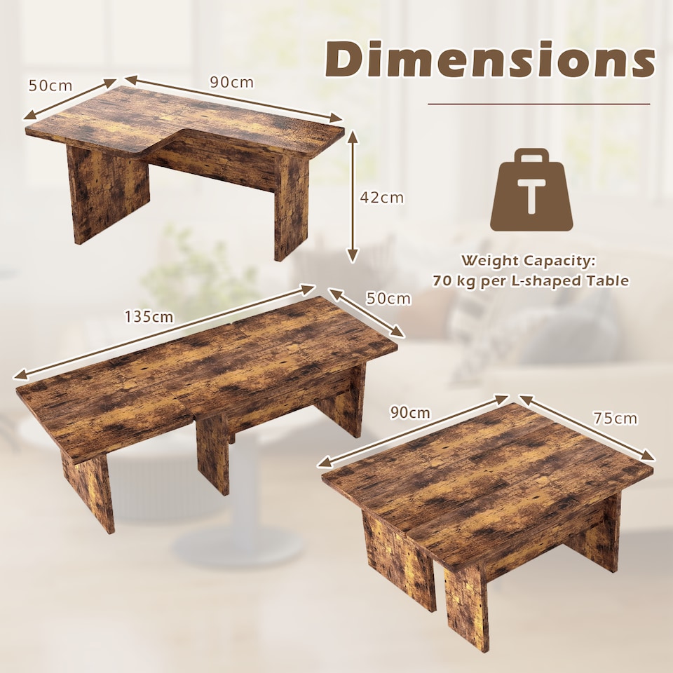 image 1 of COSTWAY Set of 2 L Shaped Center Tables Brown