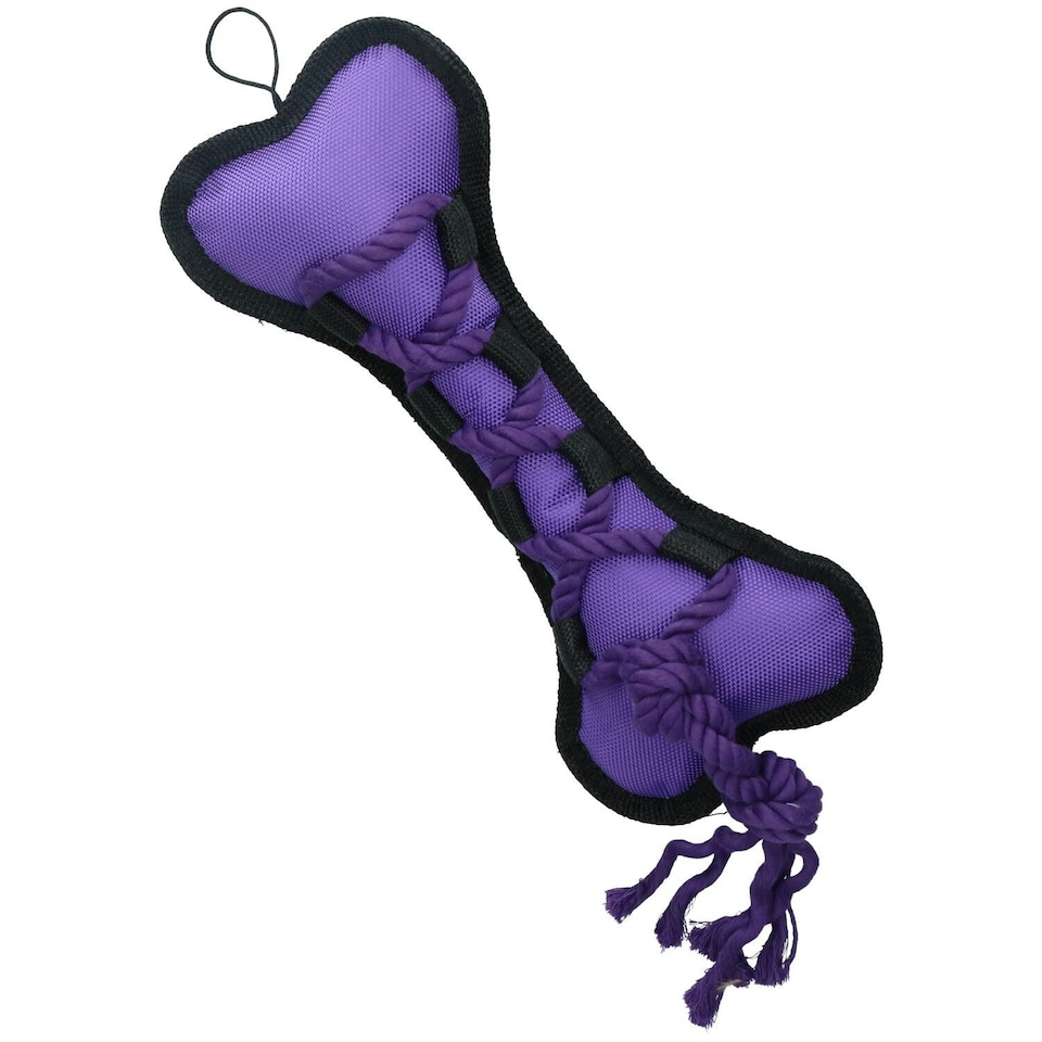 image 1 of Purple Cross Tug Rope Bone Doy Play Toy With Squeak 30x13x3cm