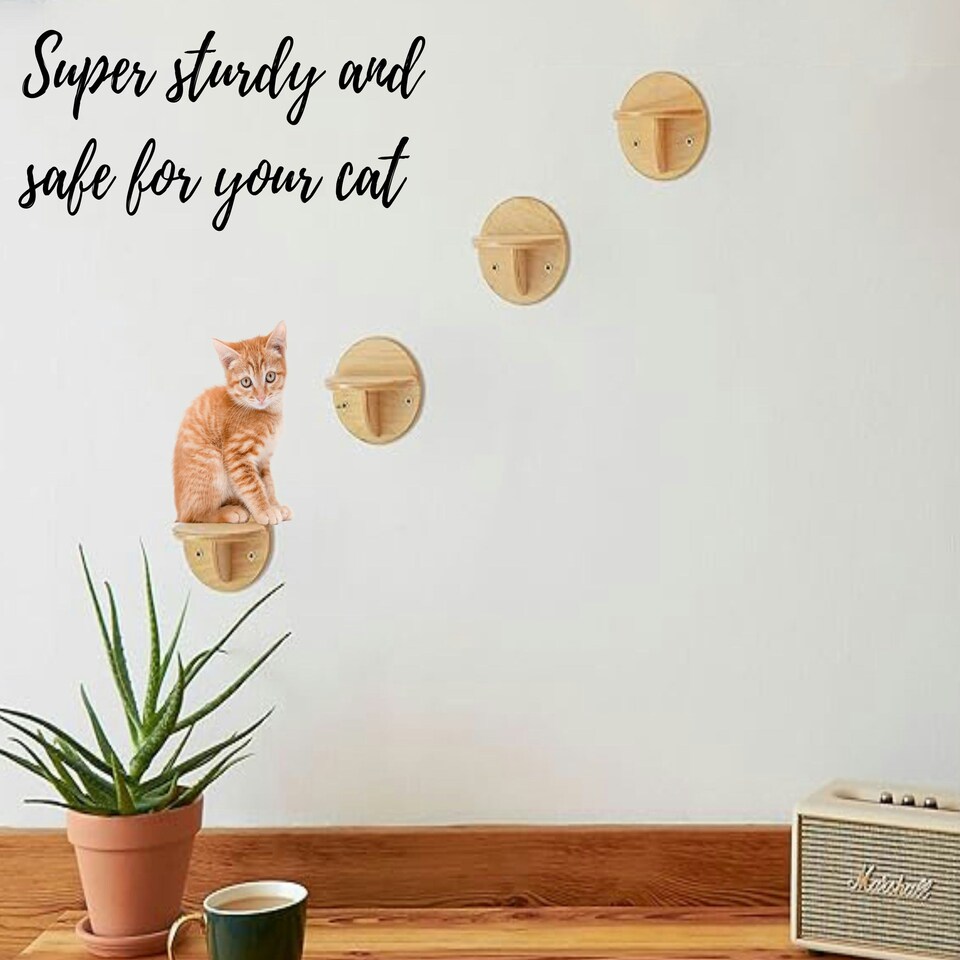 image 1 of NOVECRAFTO Wall-Mounted Cat Steps – Natural Wood Round Climbing Posts – Durable Cat Shelves for Climbing & Perching – Space-Saving Wall Steppers