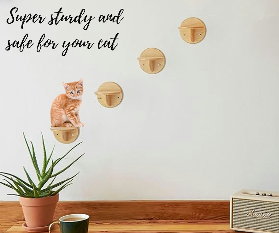 image 1 of NOVECRAFTO Wall-Mounted Cat Steps – Natural Wood Round Climbing Posts – Durable Cat Shelves for Climbing & Perching – Space-Saving Wall Steppers