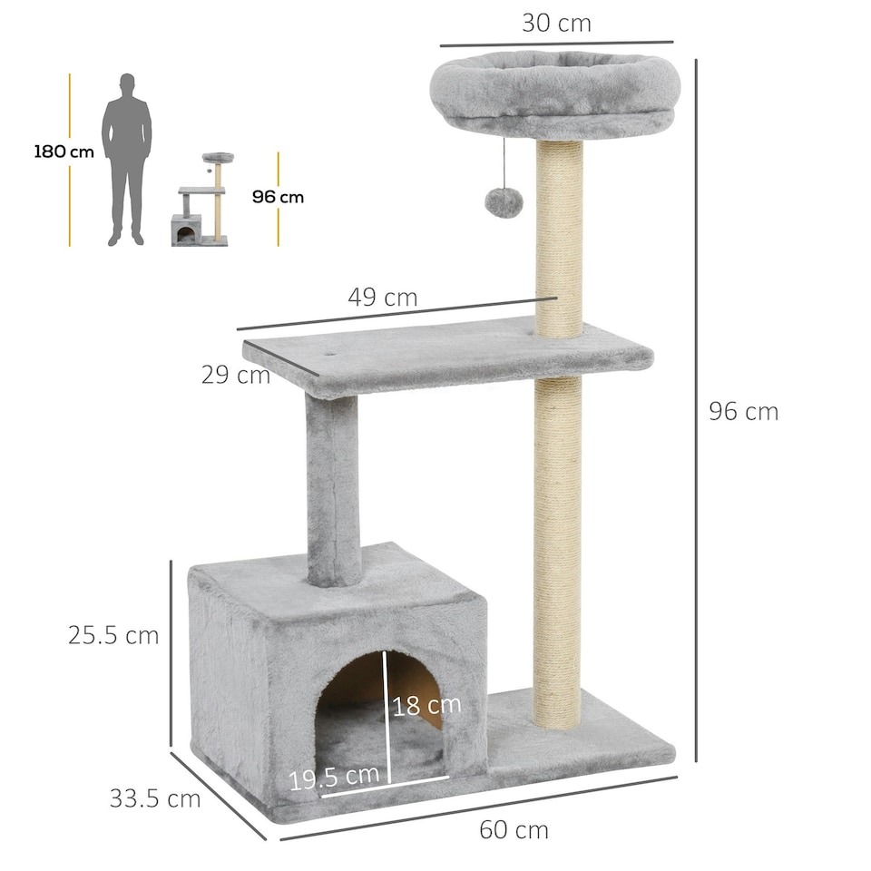image 1 of PawHut Cat Tree Tower Indoor with Condo Sisal Scratch Post, 96cm Tall, Grey