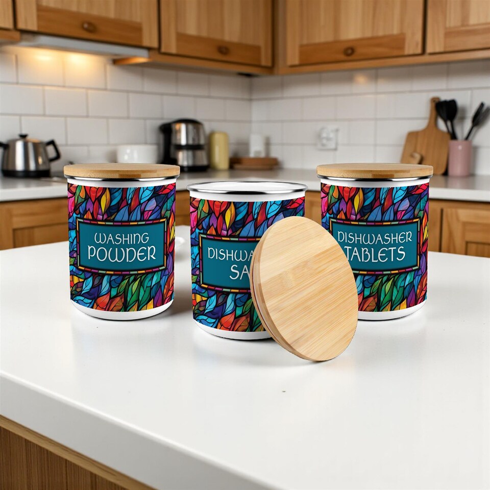 image 1 of Stained Glass Print Dishwasher Tablets Storage Tin