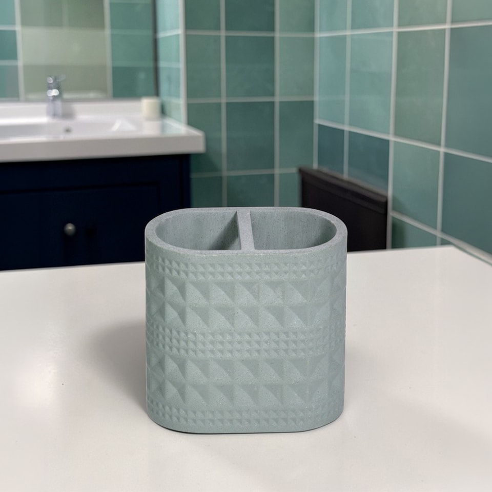 image 1 of Maison Soft Green Shimmer Bathroom Accessory Set - Soap Dispenser & Toothbrush Holder | Green | Green | 1