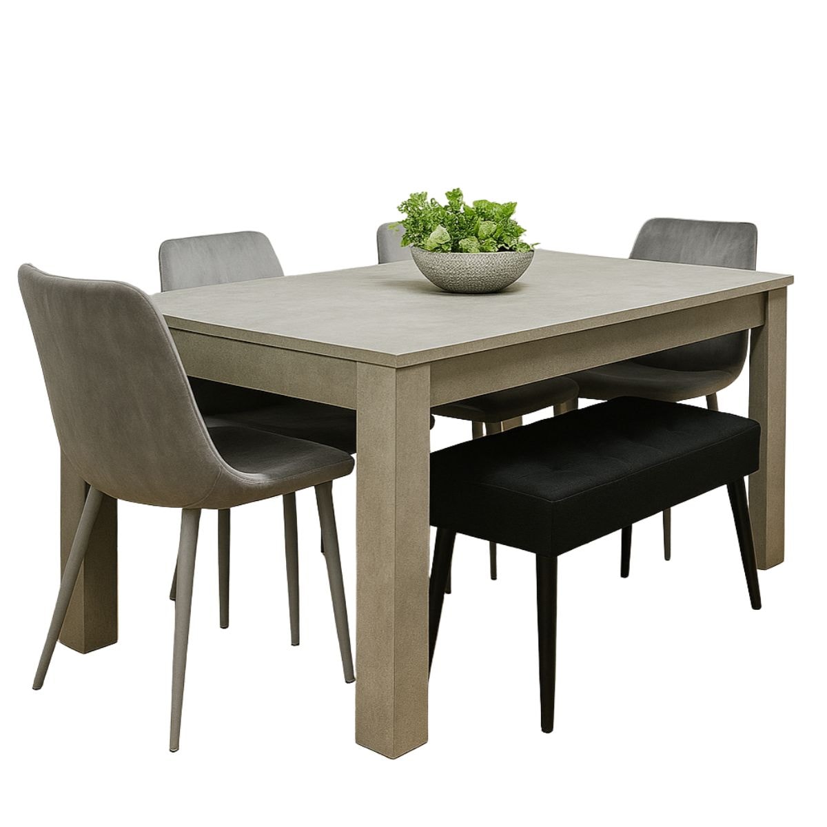 Grey Wooden Dining Table Set with 4 Grey Chairs and 1 Bench - Dining ...