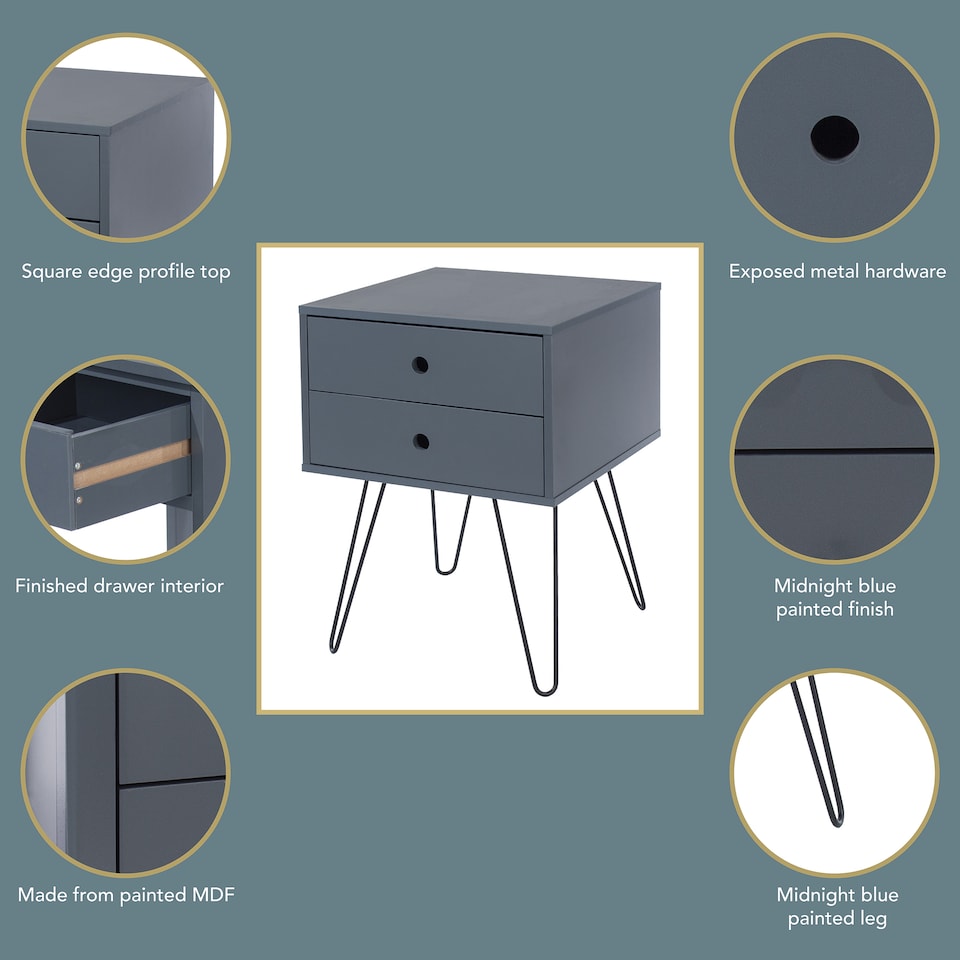 image 1 of Options Telford 2 Drawer Bedside Cabinet - Contemporary Painted Nightstand with Metal Hairpin Legs | Blue | Blue | One Size | 1
