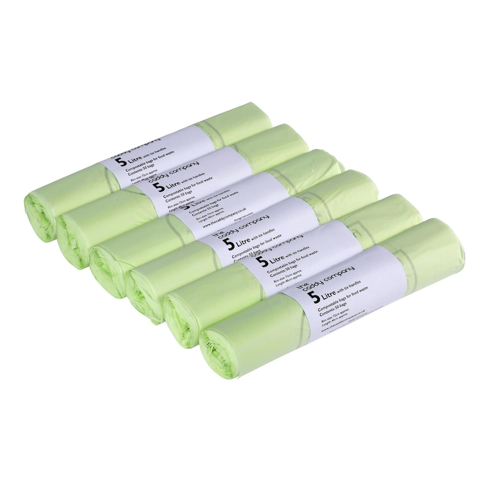 image 1 of The Caddy Company 5 Litre Tie Handle Compostable Food Waste Bin Bags - 6 Rolls