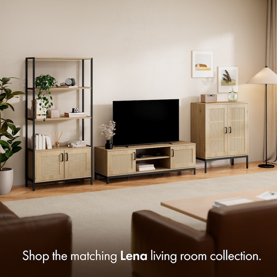 image 1 of Vonhaus Lena Rattan Effect TV Stand with 2 Open Shelves for Living Room