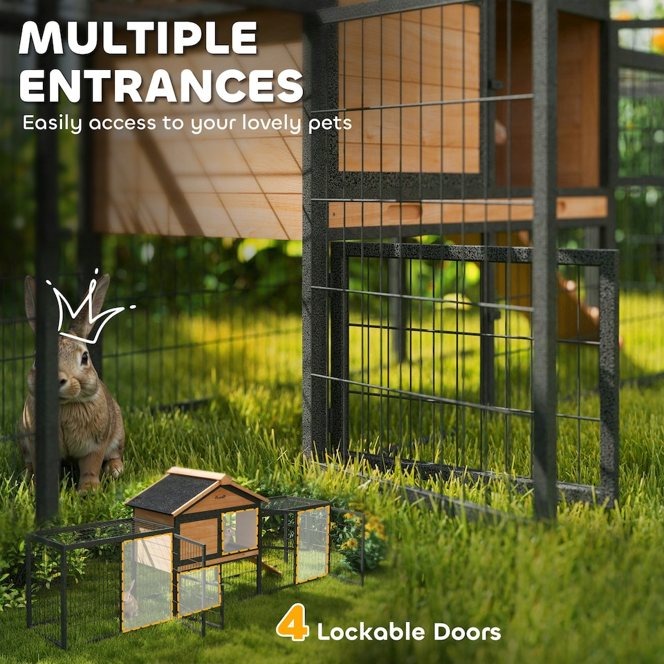image 1 of PawHut Rabbit Hutch, Guinea Pig Hutch Outdoor with Steel Run, Tray, Ramp