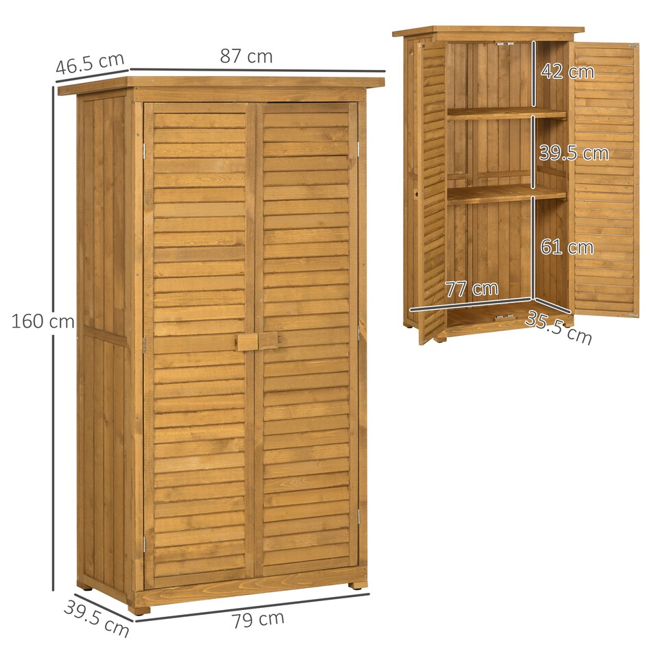 image 1 of Outsunny Small Shed, Wooden Garden Storage Shed, 3 Shelves Outdoor Tool Shed Cabinet with Asphalt Roof and Shutter Doors, 87cm x 47cm x 160cm, Natural Wood Finish