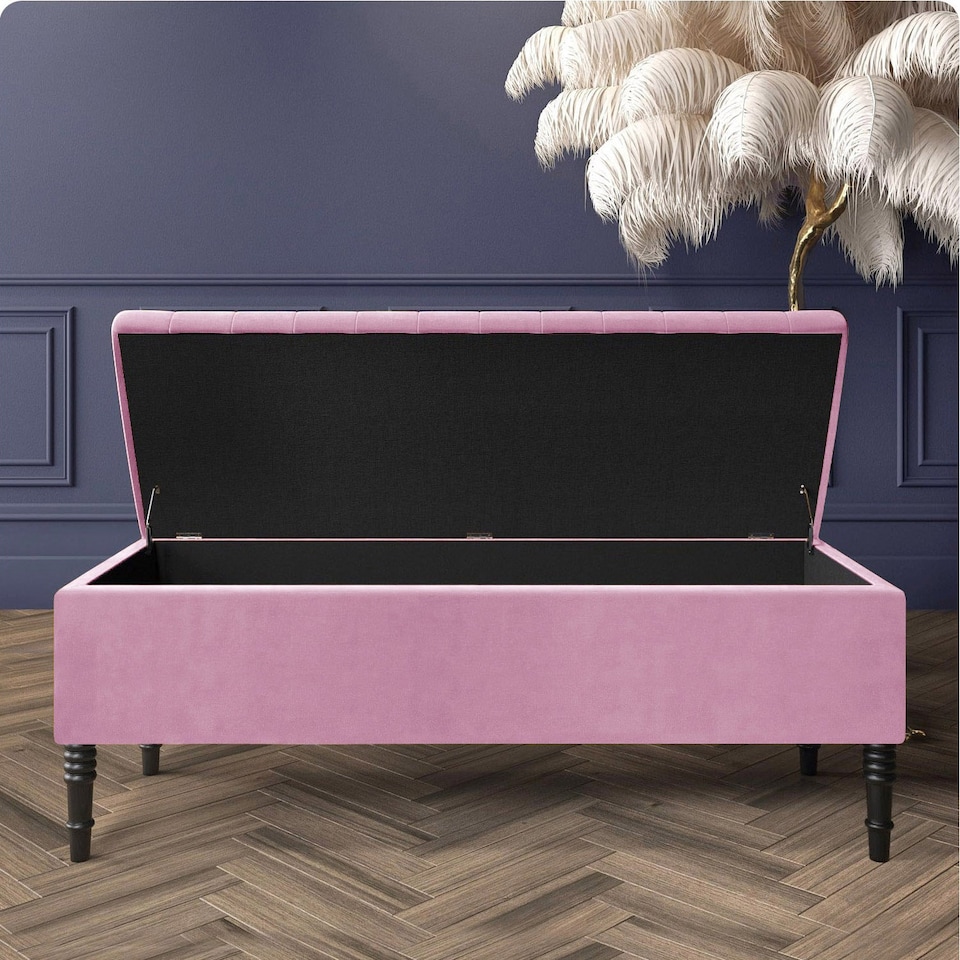 image 1 of 180cm Paris Striped Ottoman Storage Bench- Plush Velvet Shoe Bench - Pink Upholstery Footstool with Storage