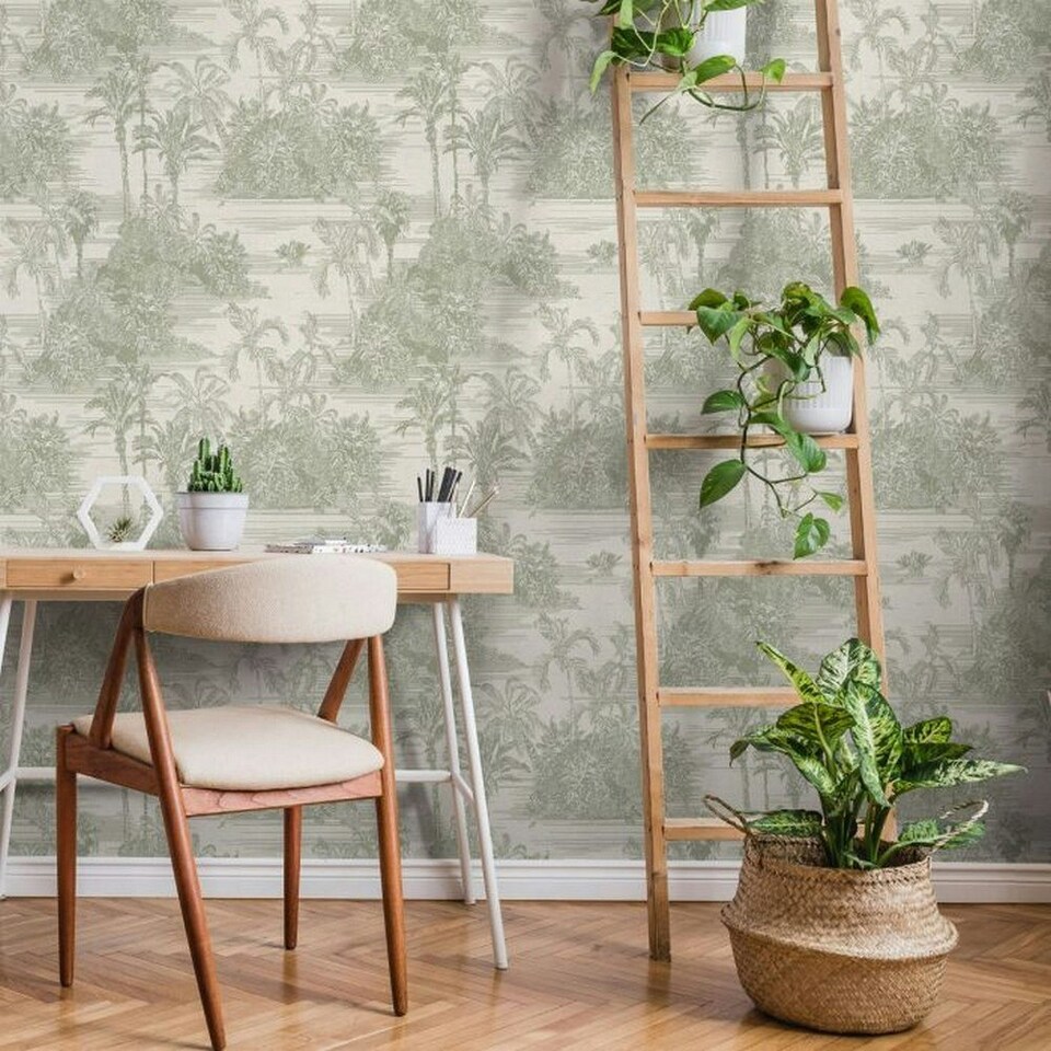 image 1 of Muriva Eden Collection Tropical Toile Wallpaper - Olive - 10m x 53cm
