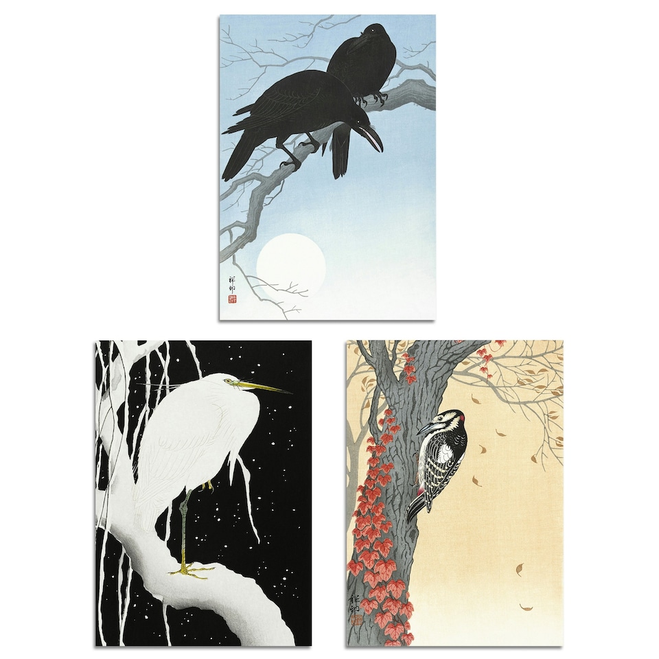 image 1 of Set of 3 Ohara Koson Birds Japanese Nature Beige Blue A3 Wall Art Prints | Multi