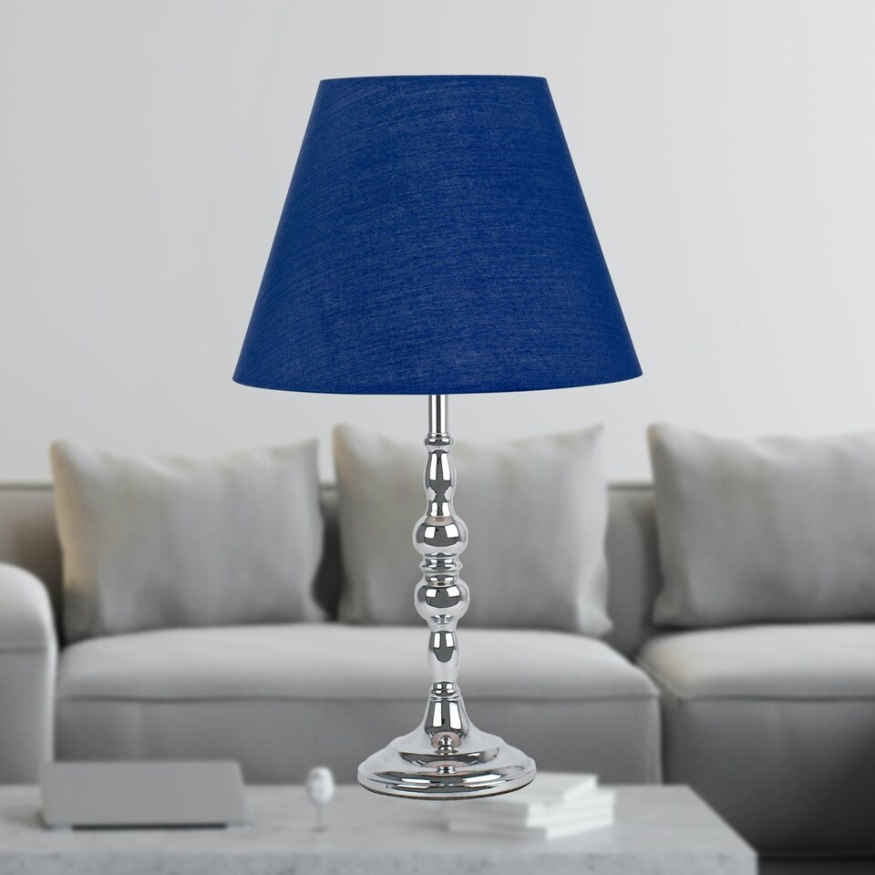 image 1 of Set of 2 Chrome Table Lamps with Decorative Stem and Navy Blue Shades Chrome | Blue