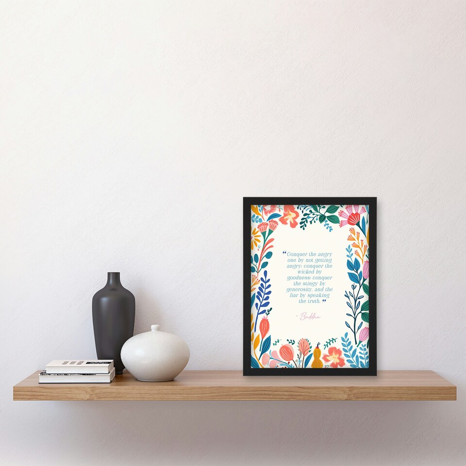 image 1 of Conquer Angry Buddha Mindfulness Quote Black Framed Wall Art Print A4