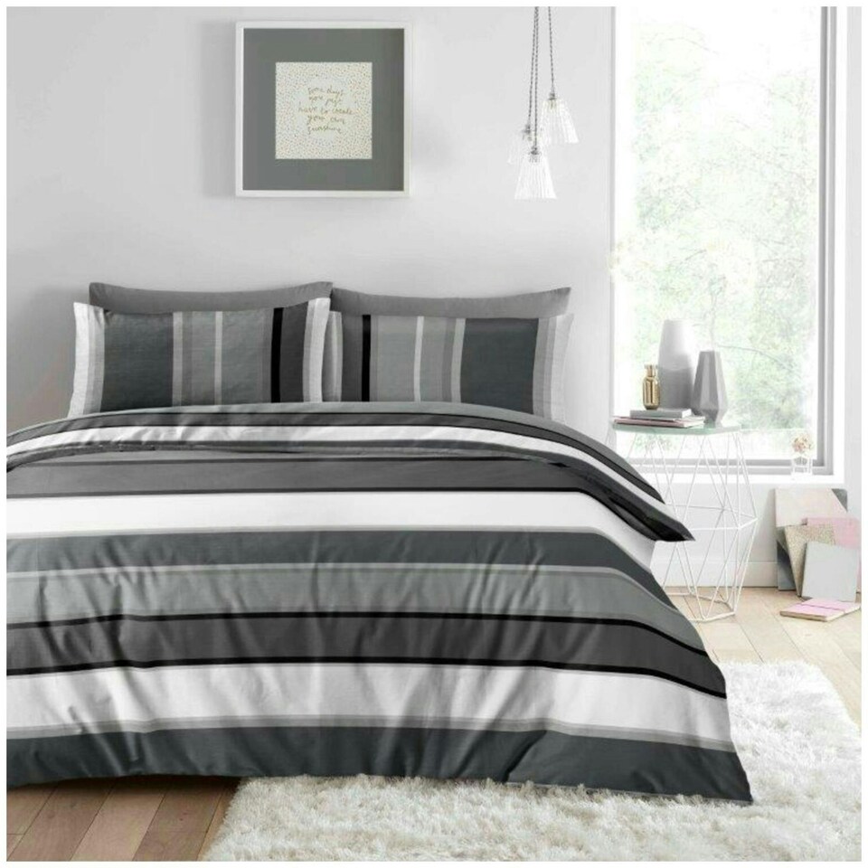 image 1 of VELVETIO Francis Stripe Complete Duvet Cover Set with Fitted Sheet Soft Polycotton Bedding Sets Grey | Single