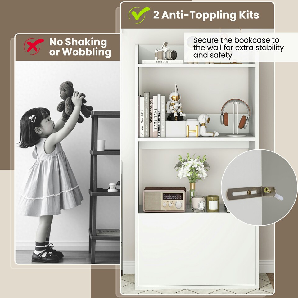 image 1 of COSTWAY Bookcase with Drawer Freestanding Bookshelf White White