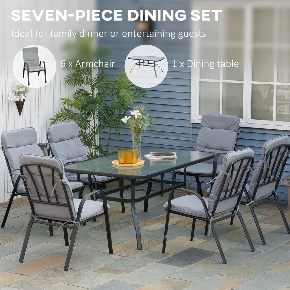 image 1 of Outsunny 7 Pieces Garden Dining Set, Outdoor Rectangular Dining Table and 6 Cushioned Armchairs, Tempered Glass Top Table w Umbrella Hole, Texteline Seats, Grey
