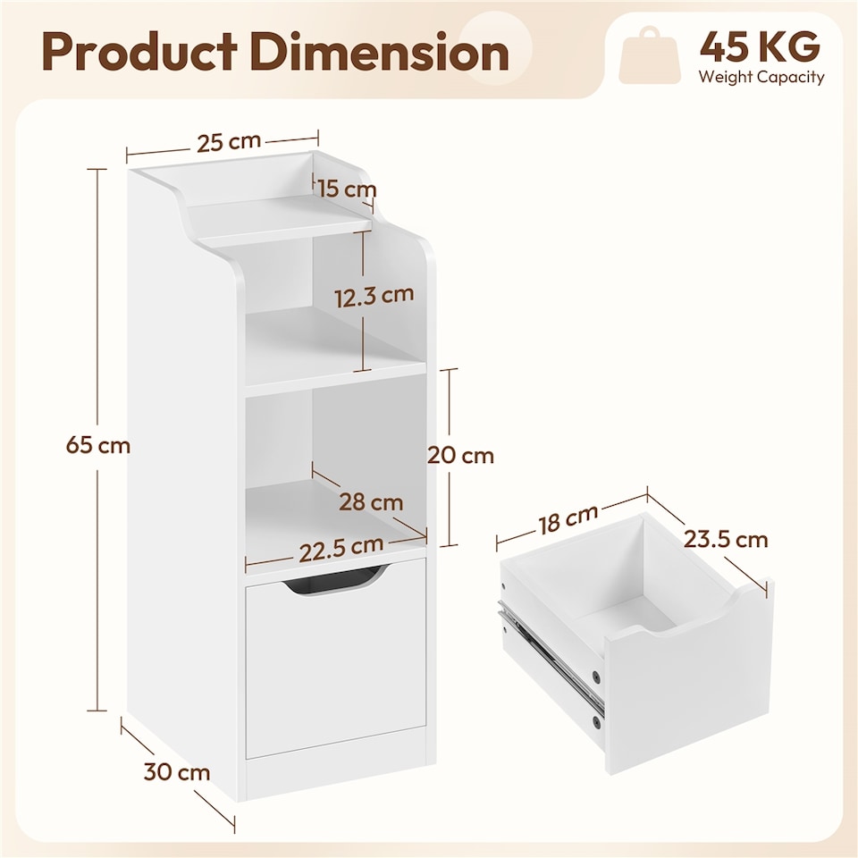 image 1 of Yaheetech Narrow Nightstand with Drawer-White | White | White | 25 cm W × 30 cm D × 65 cm H | 1