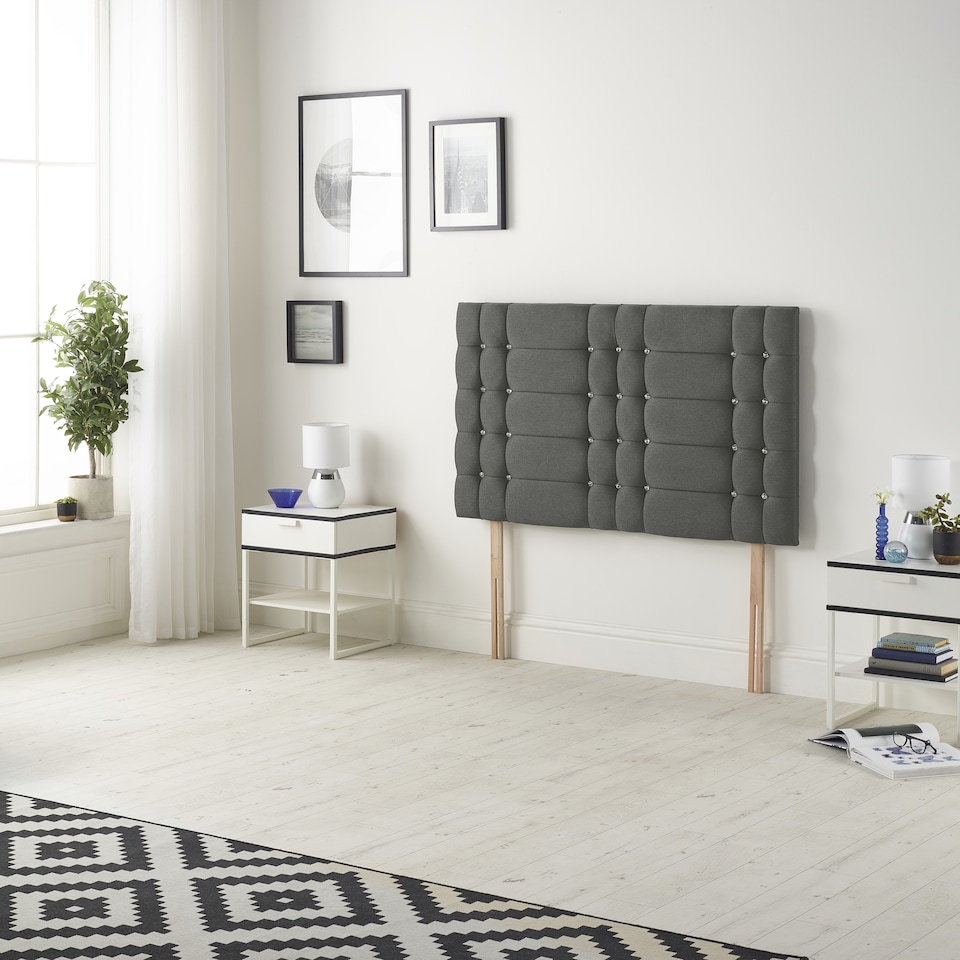 image 1 of Astoria Divan Bed Base with 2 Drawers & 30 Inch Diamante Headboard in Linen Fabric | Grey | Grey | Small Single