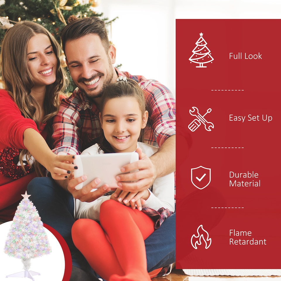 image 1 of HOMCOM 2.5ft Prelit Artificial Christmas Tree for Tabletop with Multicoloured Fibre Optics Small Xmas Decoration  White