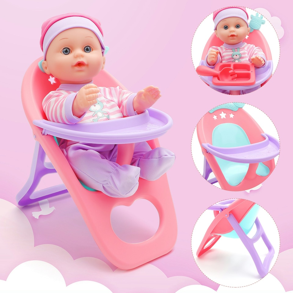image 1 of 13 Inch Baby Doll Play Set My First Baby Doll with Swinging Crib High Chair and Feeding Accessories Pretend Play Girls Toys