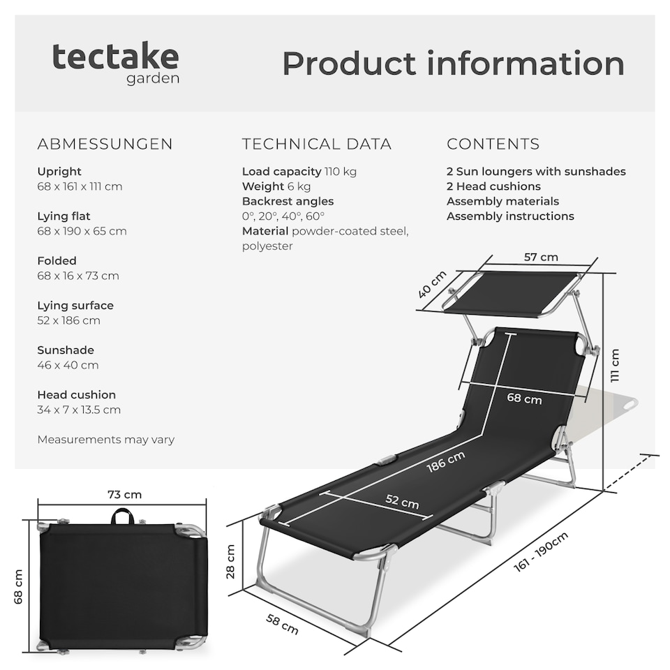 image 1 of Sun Loungers Set of 2 - foldable, sunroof, 4-step backrest, head cushion | Black | black | 2