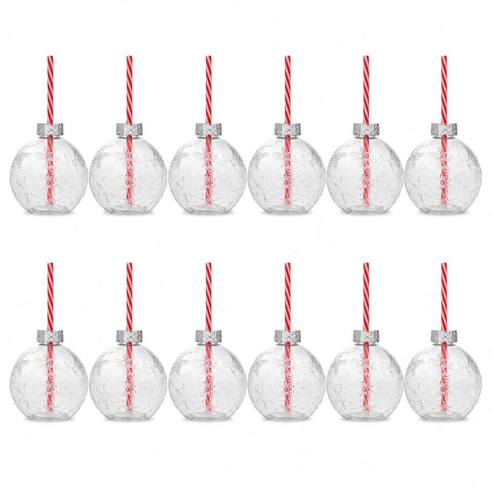 image 1 of Set of 12 Glass Bauble Drinks Tumblers Clear Snowflake 400ml With Straw