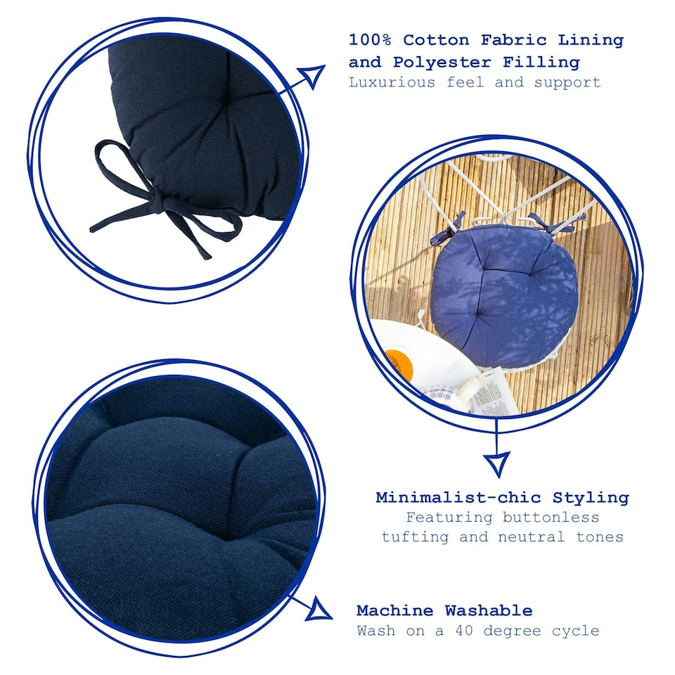 image 1 of Harbour Housewares Round Garden Chair Seat Cushions - Navy - Pack of 4 Blue