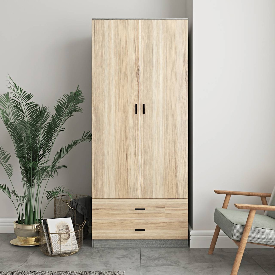 image 1 of 2-Door 2-Drawer Wardrobe with Storage Shelf, and Hanging Space - 180x75x46cm | Grey | Ash Grey & Oak | 1