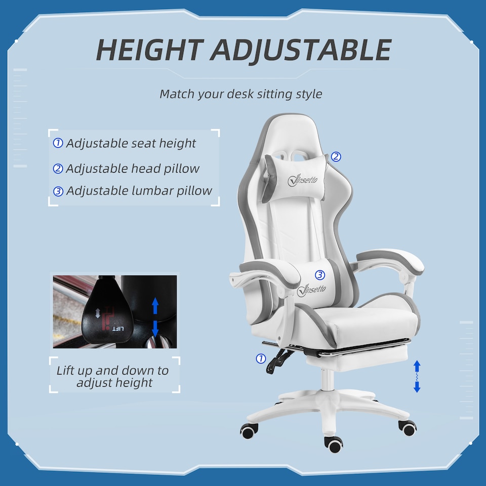 image 1 of Vinsetto Computer Gaming Chair, PU Leather Office Desk Chair with Footrest, Swivel Wheels, 135 Reclining Back, Lumbar Support, Headrest for Home, White and Grey