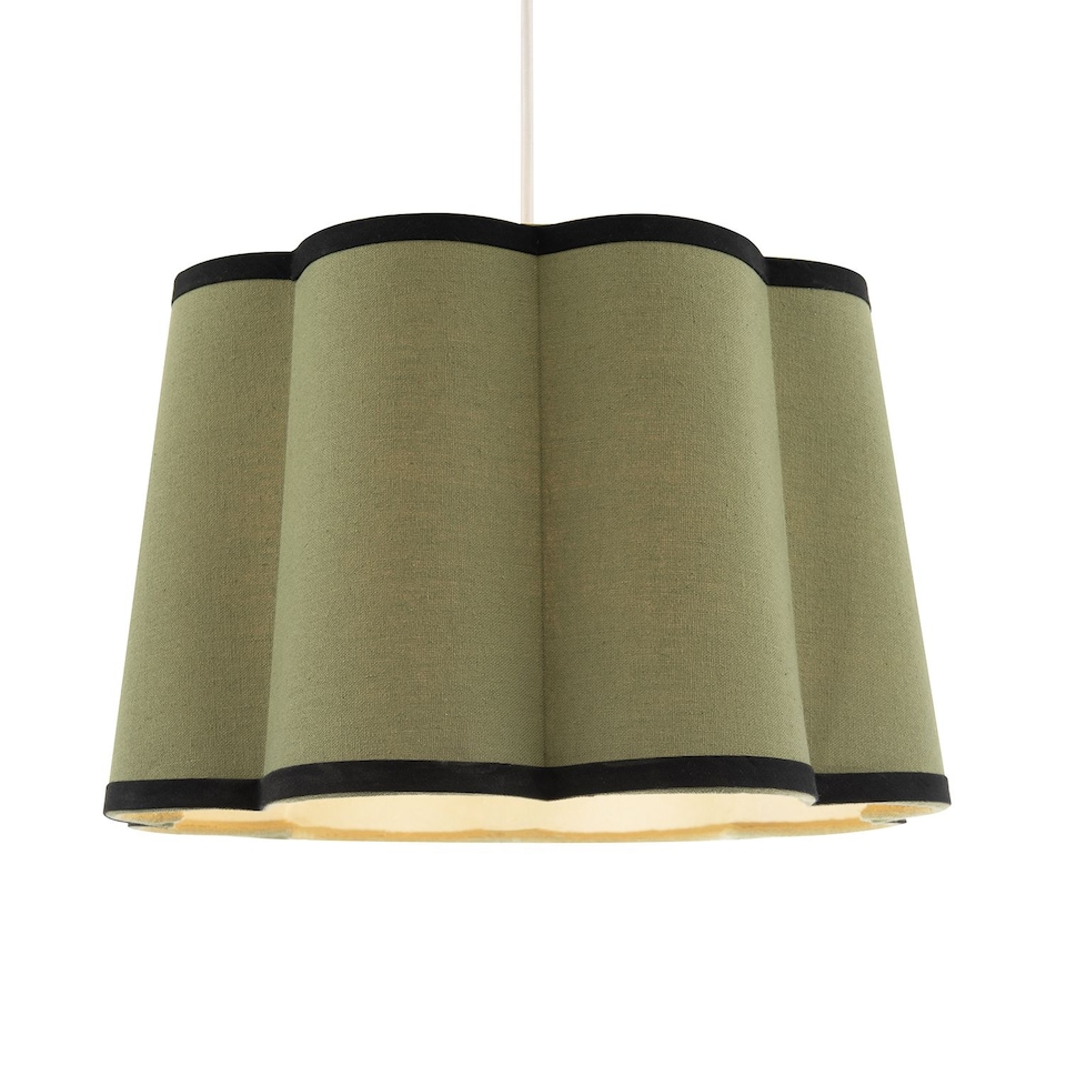 image 1 of Olive Green Linen Scallop Drum Lamp Shade with Black Cotton Trims | Green | Olive Green | 1