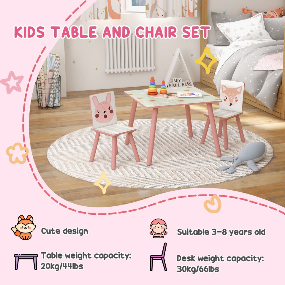 image 1 of ZONEKIZ Kids Table and Chairs, Children Desk with Two Chairs, Three Piece | Pink