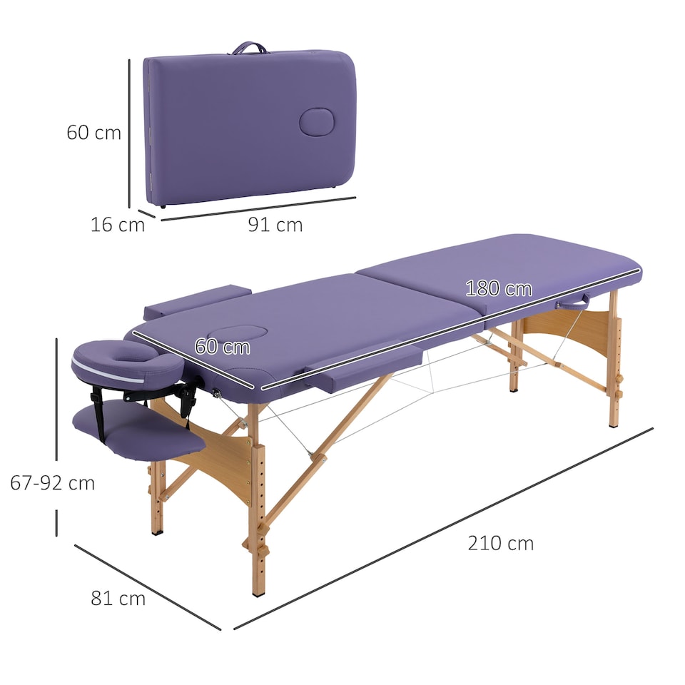 image 1 of HOMCOM Portable Massage Bed, Folding Spa Beauty Massage Table with 2 Sections, Carry Bag and Wooden Frame, Purple