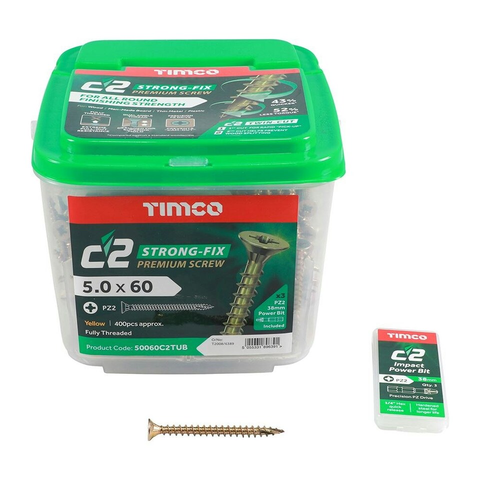 image 1 of Timco - C2 Strong-Fix Multi-Purpose Premium Screws - PZ - Double Countersunk - Yellow (Size 5.0 x 60 - 400 Pieces)
