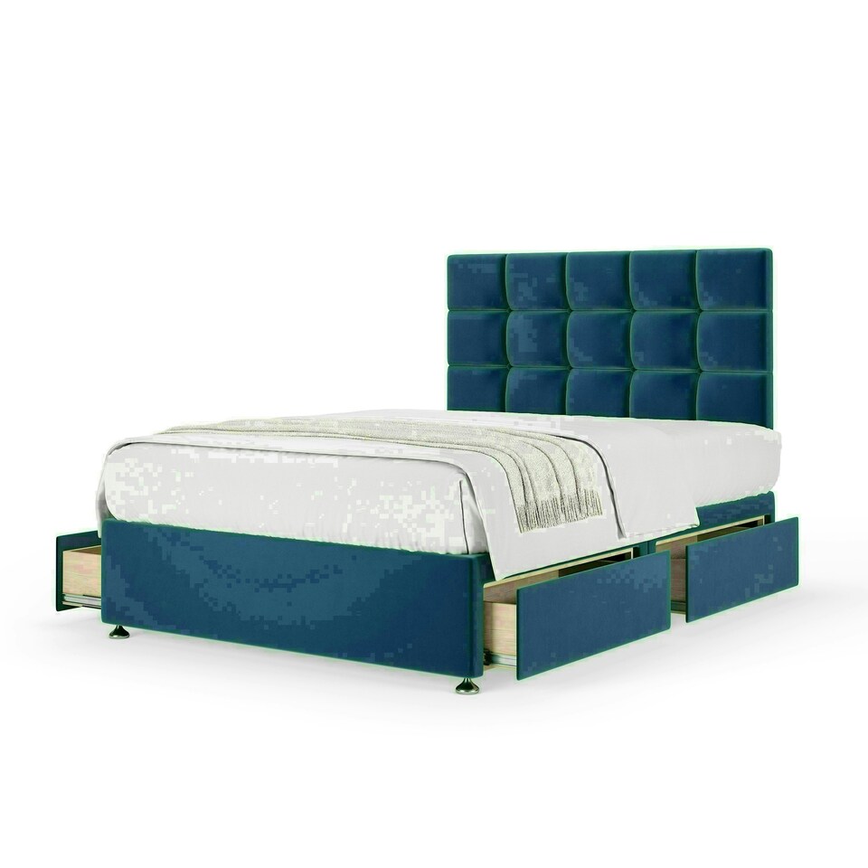 Marine Blue Plush Velvet 4 Drawer Divan Base and Pearl Headboard Double