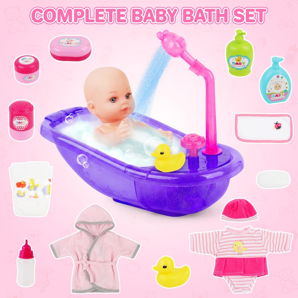 image 1 of Baby Doll Bath Set with Real Working Bathtub & Shower Spray – 12" Baby Doll, Bath Accessories & Pretend Play Set for Kids Ages 3+