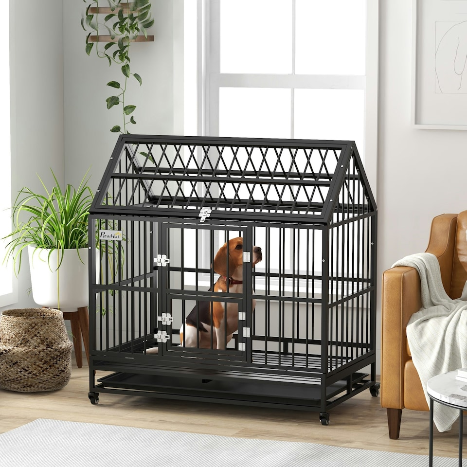 image 1 of PawHut 48" Heavy Duty Dog Crate on Wheels w/ Removable Tray, Openable Top