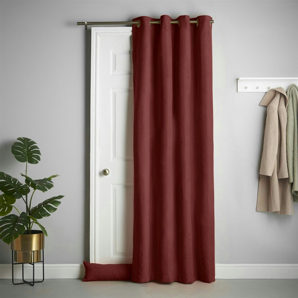 image 1 of Velvet Chenille Thermal Fleece Lined Single Ring Top Door Curtain - 137cm x 213cm - Red