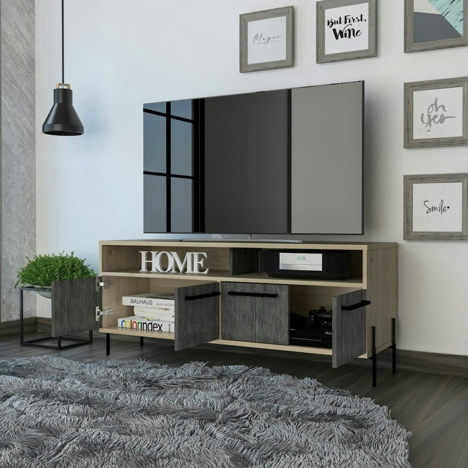 image 1 of Harvard Carbon Grey Oak and Washed Oak Wide 4-Door TV Unit - Modern Media Cabinet with Storage | Brown | Brown | 1