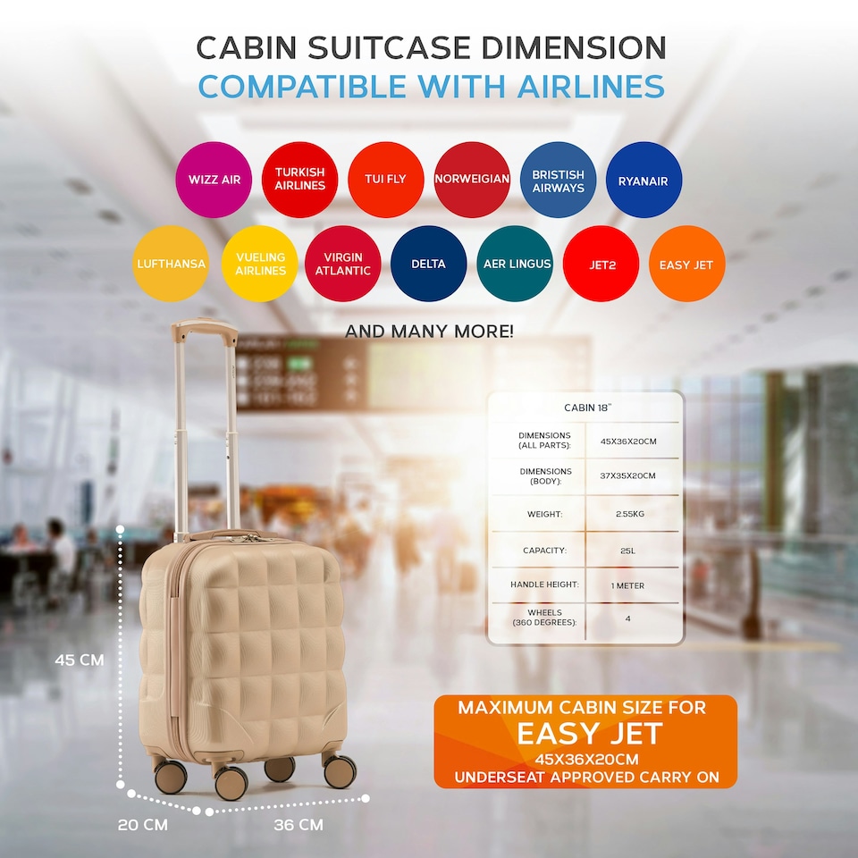 image 1 of Flight Knight Bubble Suitcase - Ryanair easyJet Jet2 Approved - 8 Wheel Carry Cabin Hardcase 45x36x20cm Cream | Champagne | Cabin Bag